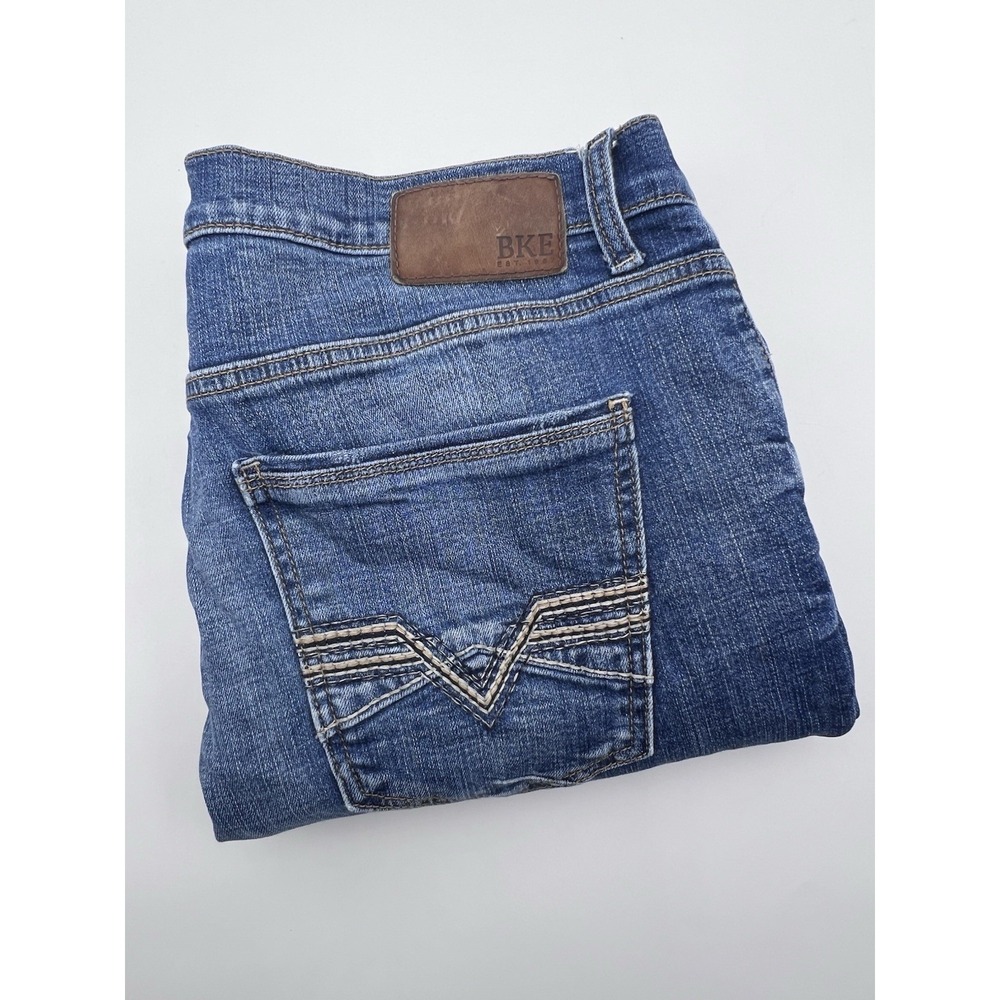 BKE Jeans Men 36x28.5 Nolan Straight Stretch Low Rise Buckle Whiskers Fade Denim
